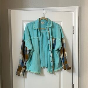 POL Turquoise and Plaid Button Down Shirt